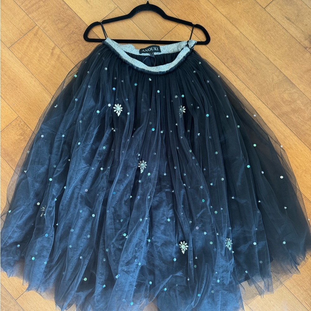 🖤 Anouki Black Tulle Midi Skirt with Embellished Details – Size FR 42 / US 10